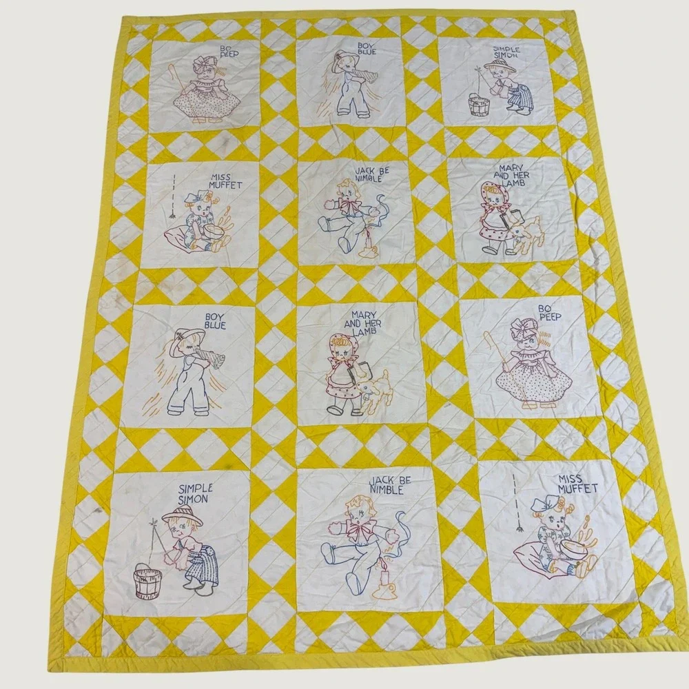Vintage Nursery Rhyme Baby Quilt Yellow White Hand Painted Hand Made 40x51